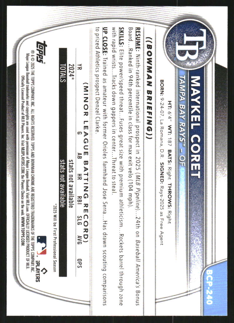 2025 Bowman Chrome Mega Box Prospects Pink Refractors #BCP240 Maykel Coret /199
