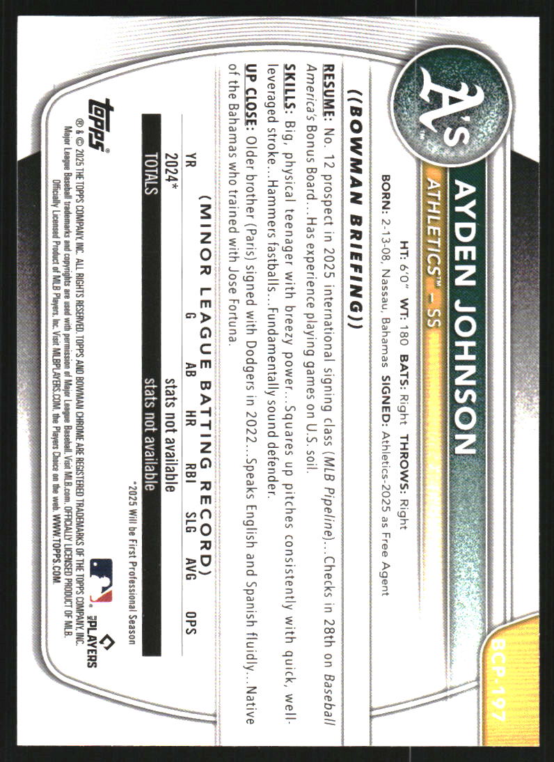 2025 Bowman Chrome Mega Box Prospects Blue Refractors #BCP197 Ayden Johnson /150