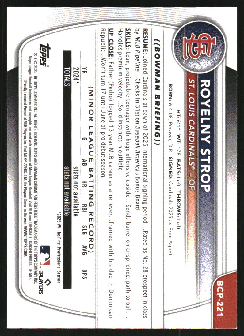 2025 Bowman Chrome Mega Box Prospects Blue Refractors #BCP221 Royelny Strop /150