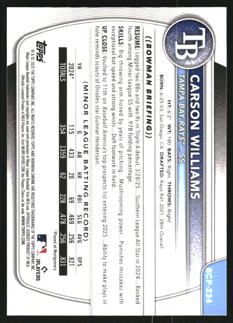 2025 Bowman Chrome Mega Box Prospects Blue Refractors #BCP234 Carson Williams /150