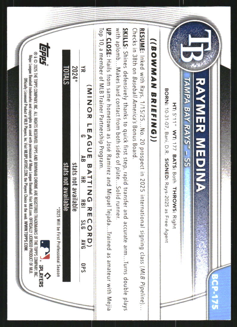 2025 Bowman Chrome Mega Box Prospects Yellow Refractors #BCP175 Raymer Medina /75