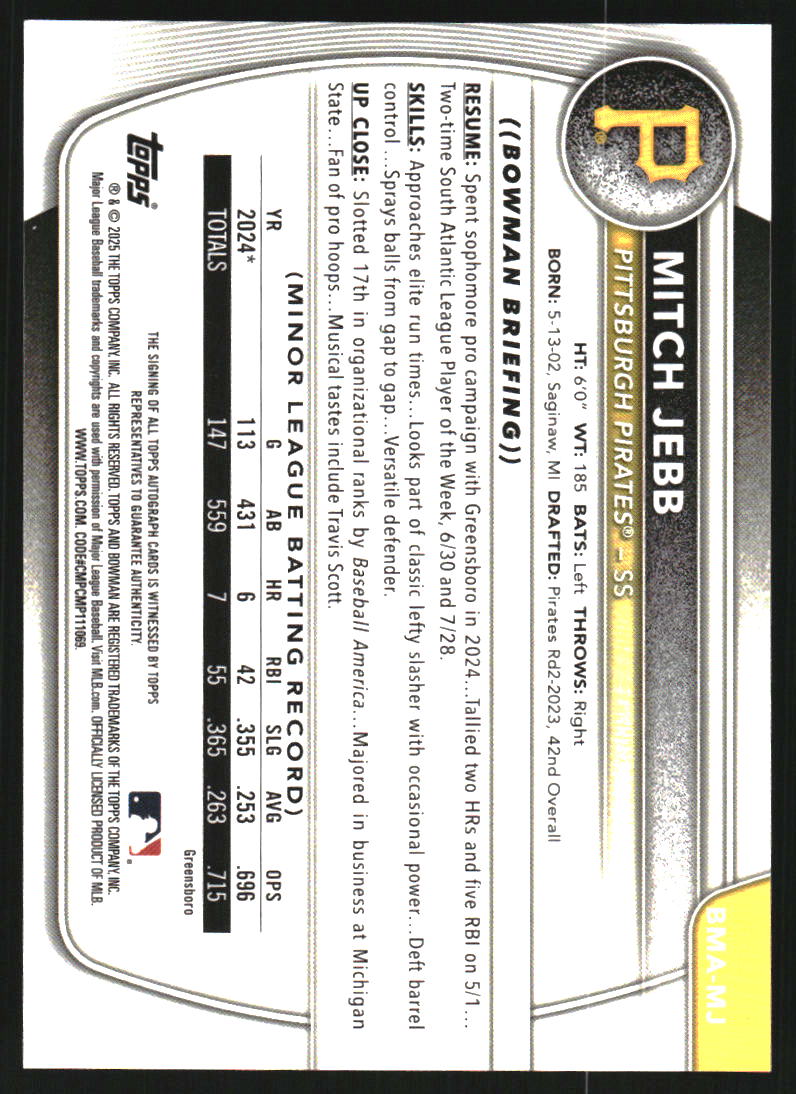 2025 Bowman Chrome Mega Box Prospect Autographs #BMAMJ Mitch Jebb Auto