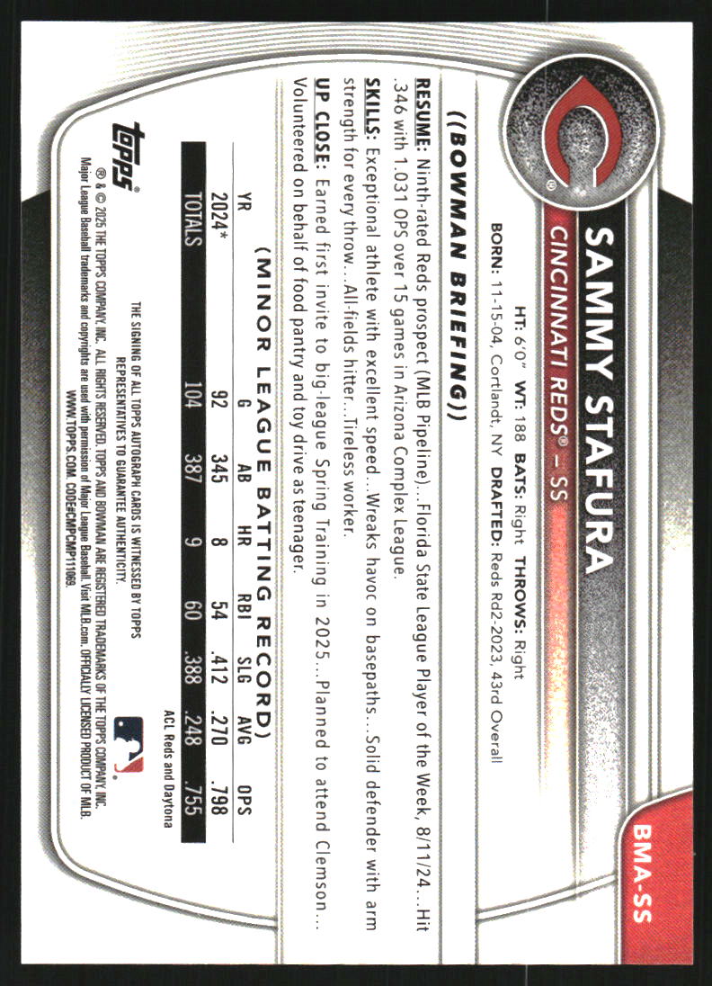 2025 Bowman Chrome Mega Box Prospect Autographs #BMASS Sammy Stafura Auto