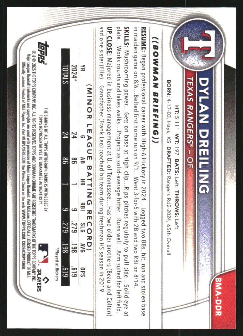 2025 Bowman Chrome Mega Box Prospect Autographs #BMADDR Dylan Dreiling Auto