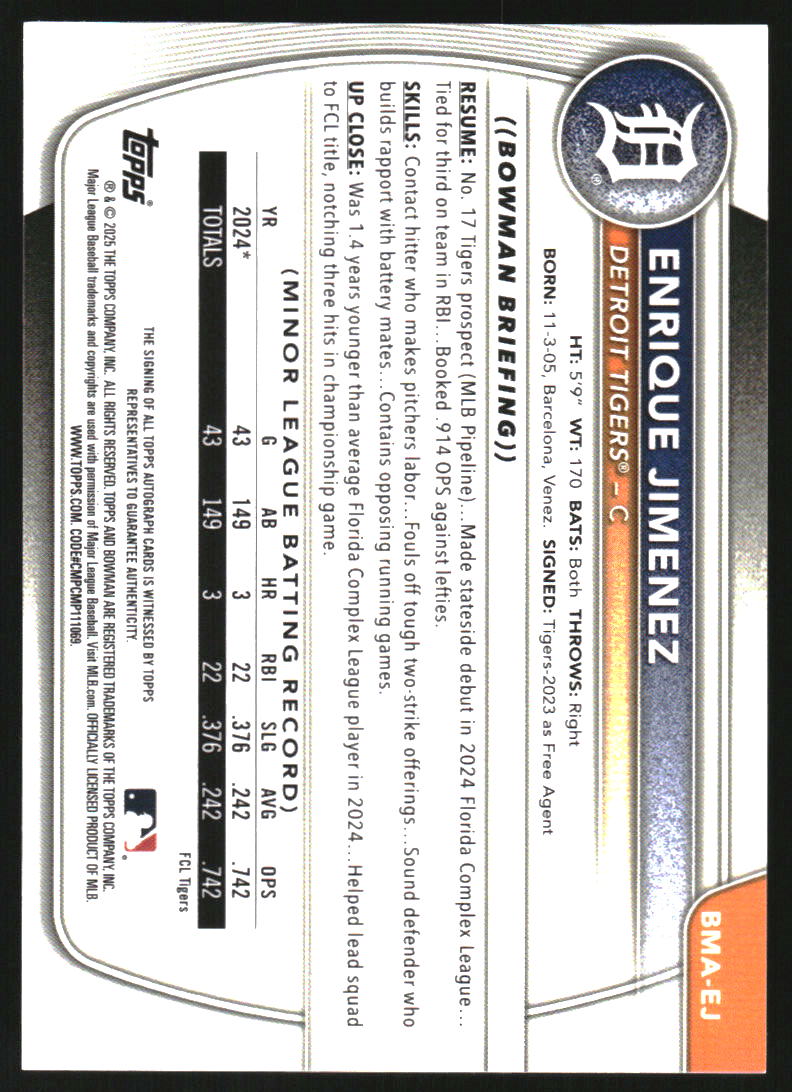 2025 Bowman Chrome Mega Box Prospect Autographs #BMAEJ Enrique Jimenez Auto
