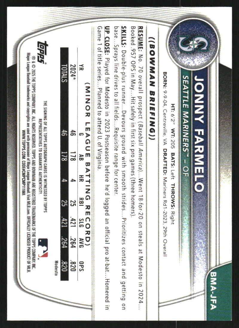 2025 Bowman Chrome Mega Box Prospect Autographs #BMAJFA Jonny Farmelo Auto