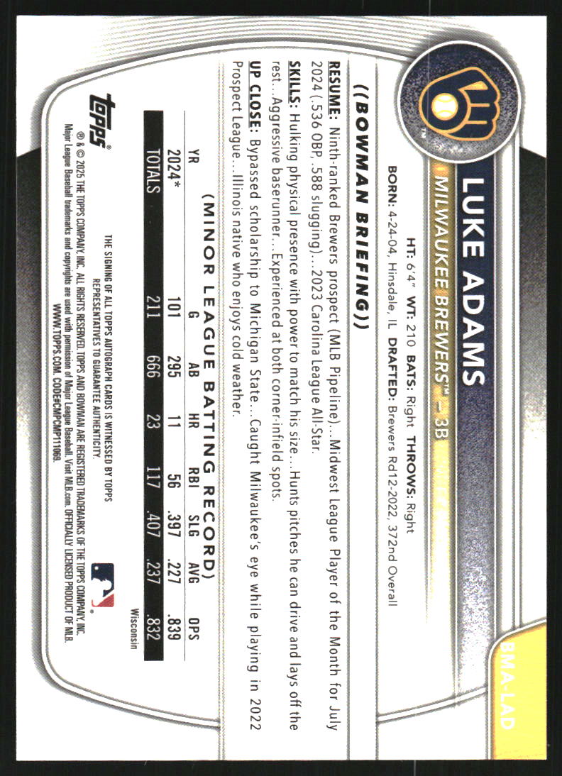 2025 Bowman Chrome Mega Box Prospect Autographs #BMALAD Luke Adams Auto