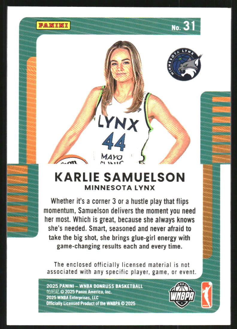 2025 Donruss WNBA Jersey Series #31 Karlie Samuelson back image