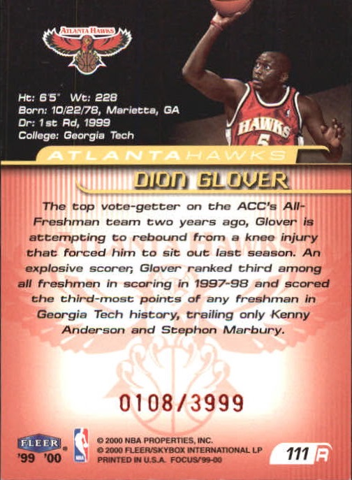 1999-00 Fleer Focus #111A Dion Glover SP back image