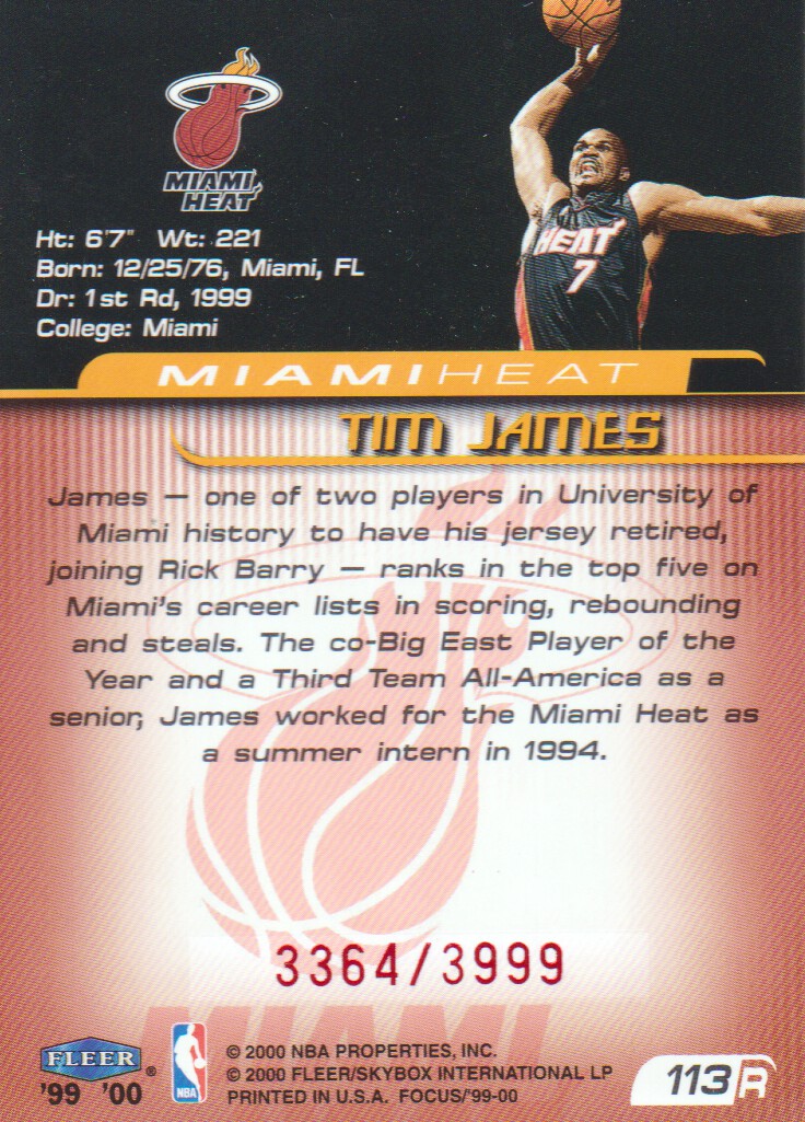 1999-00 Fleer Focus #113 Tim James RC back image
