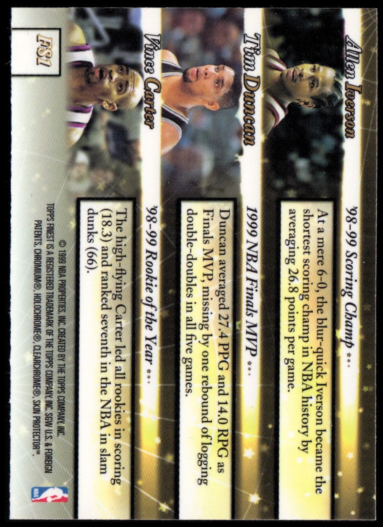 1999-00 Finest Salute #FS1 Vince Carter/Tim Duncan/Allen Iverson back image