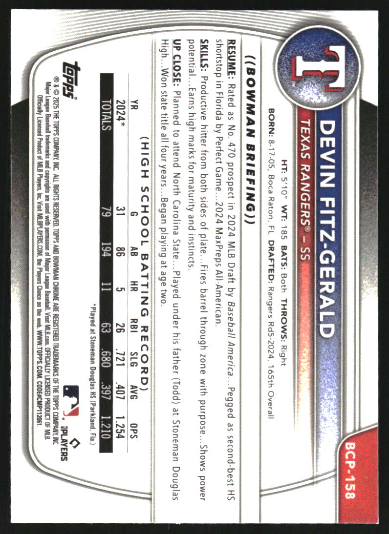 2025 Bowman Chrome Prospects Laser Refractors #BCP158 Devin Fitz-Gerald