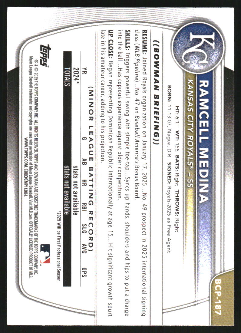 2025 Bowman Chrome Prospects Laser Refractors #BCP187 Ramcell Medina