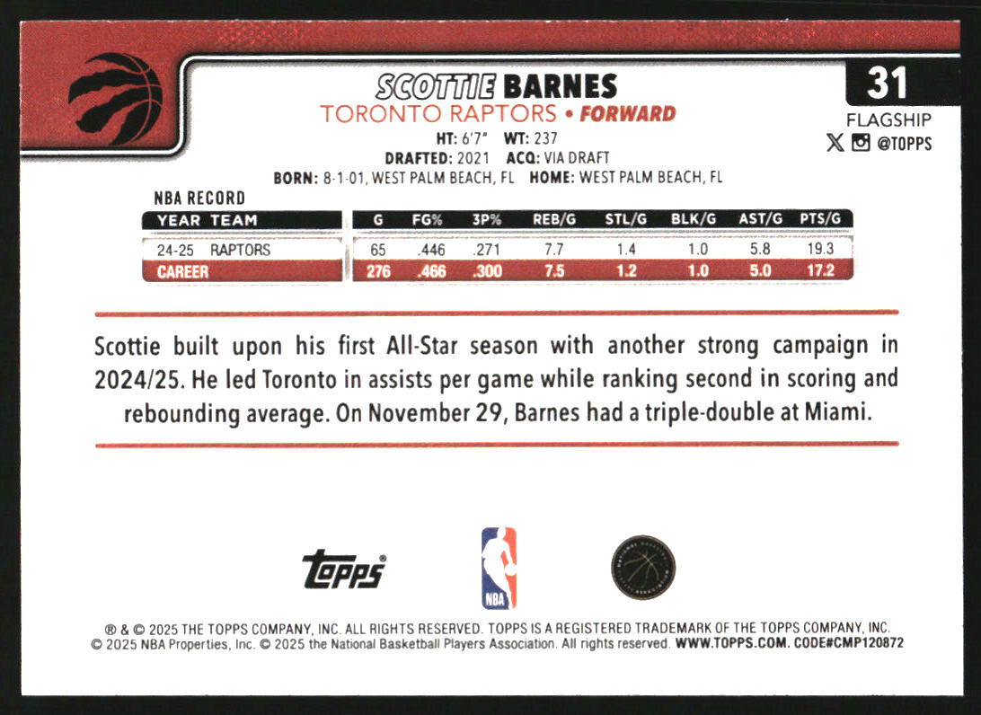 2025-26 Topps #31 Scottie Barnes on Fanatics Collect