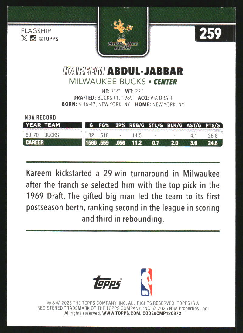 2025-26 Topps Gold #259 Kareem Abdul-Jabbar /2025