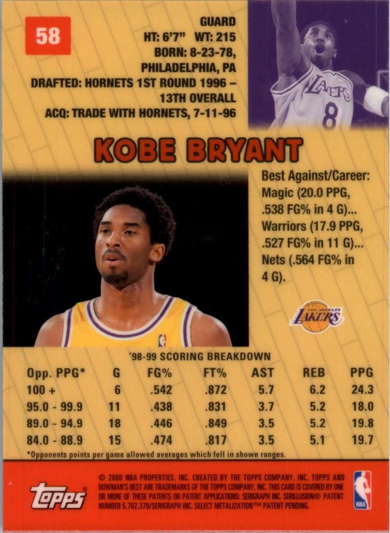 1999-00 Bowman's Best #58 Kobe Bryant back image