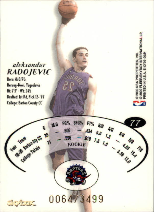 1999-00 E-X #77 Aleksandar Radojevic RC back image