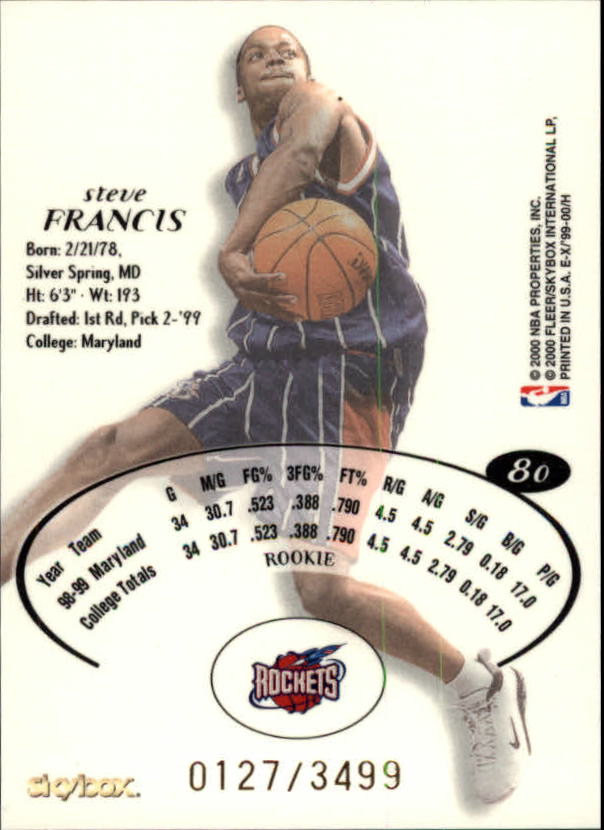 1999-00 E-X #80 Steve Francis RC back image