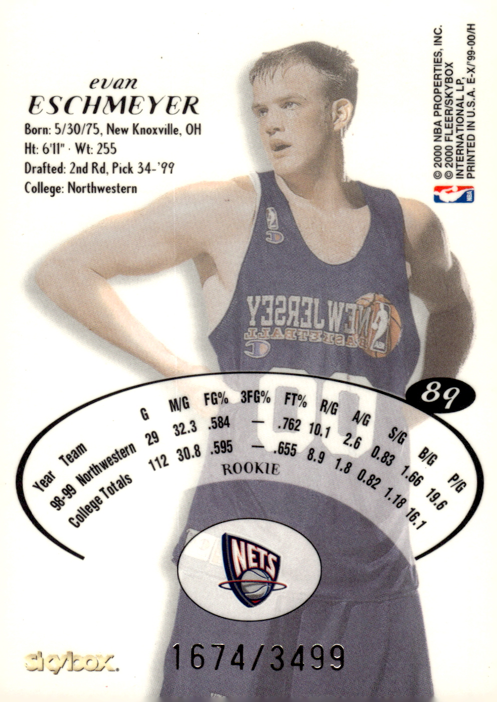 1999-00 E-X #89 Evan Eschmeyer RC back image