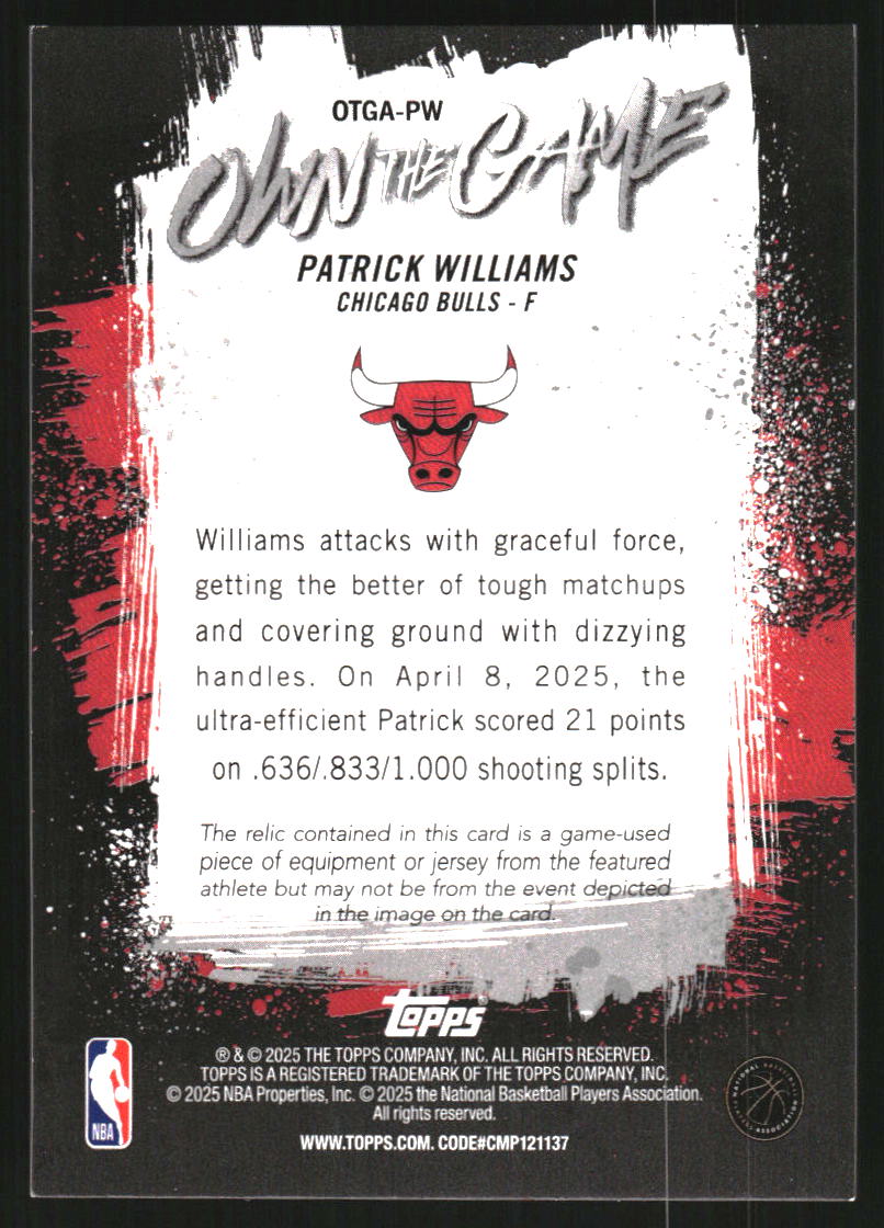 2025-26 Topps Own the Game Rainbow Foilboard #OTGAPW Patrick Williams Jersey