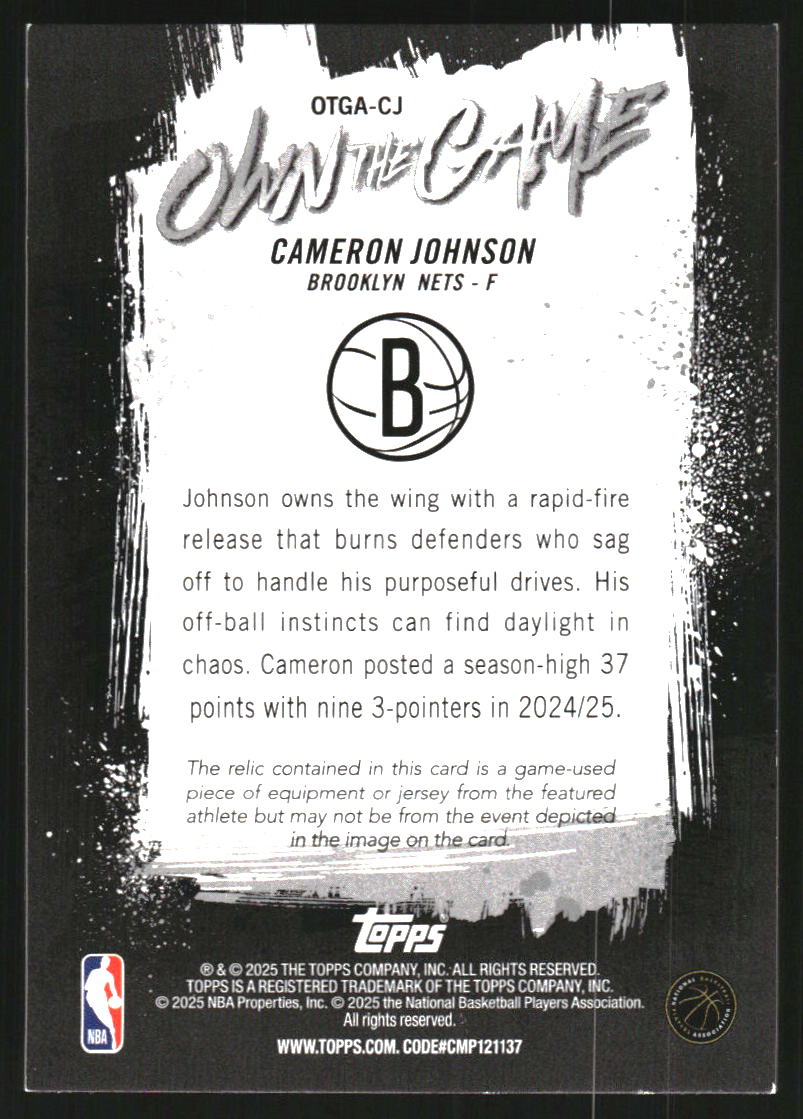 2025-26 Topps Own the Game Orange Rainbow #OTGACJ Cameron Johnson Jersey /25