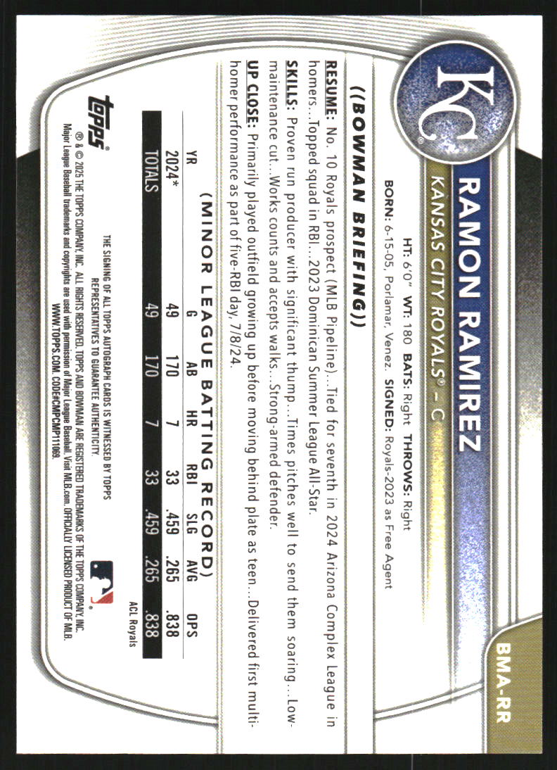 2025 Bowman Chrome Mega Box Prospect Autographs Purple Refractors #BMARR Ramon Ramirez Auto /199