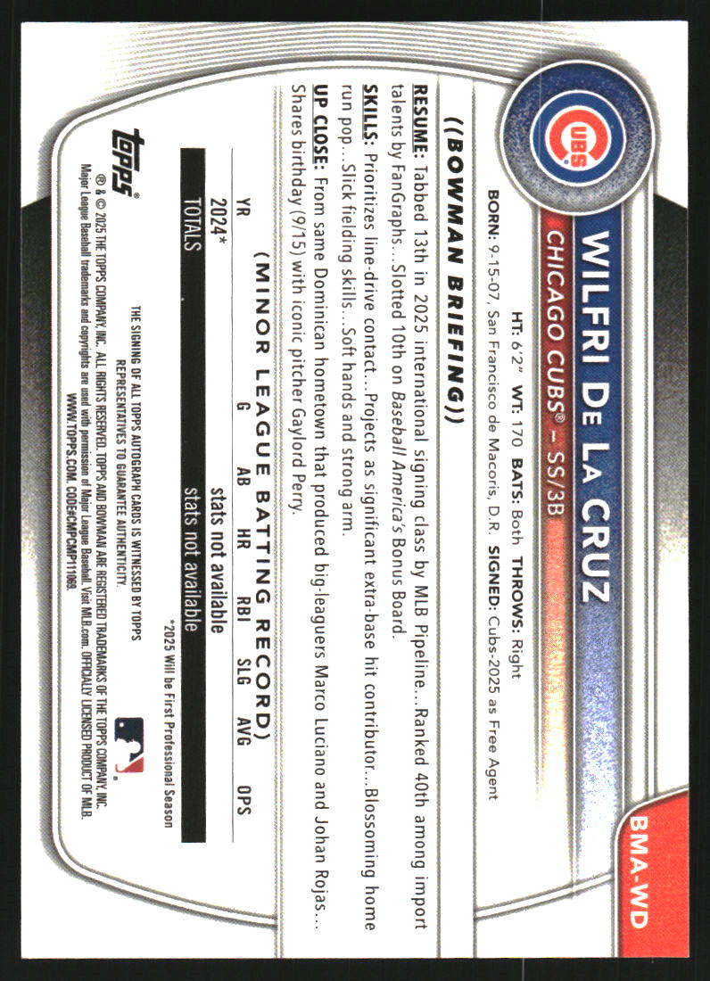 2025 Bowman Chrome Mega Box Prospect Autographs Purple Refractors #BMAWD Wilfri De La Cruz Auto /199