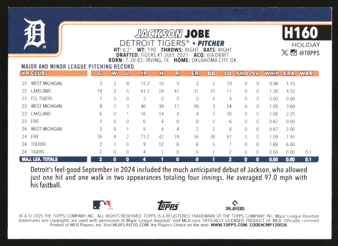 2025 Topps Holiday Light Blue and White Glitter #H160 Jackson Jobe