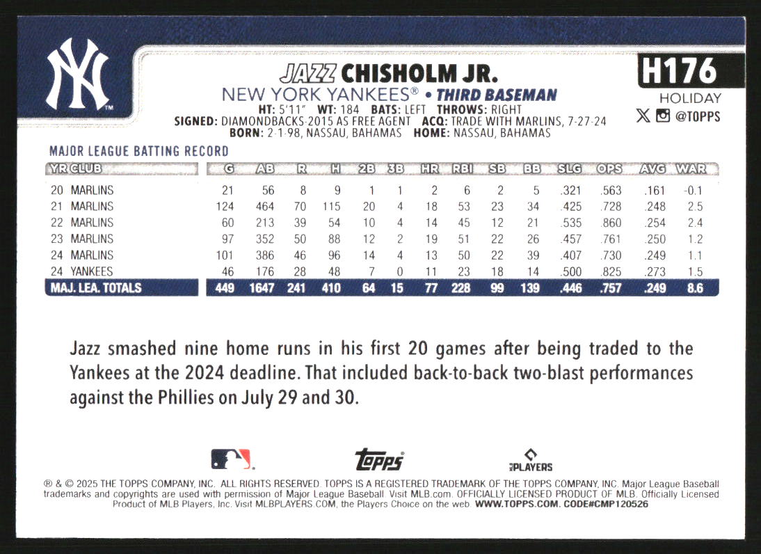 2025 Topps Holiday Light Blue and White Glitter #H176 Jazz Chisholm Jr.