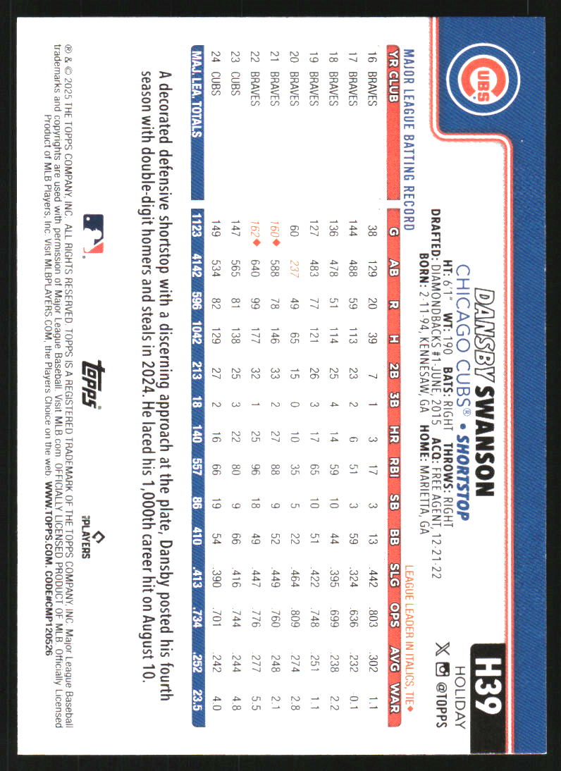 2025 Topps Holiday Green Plaid #H39 Dansby Swanson
