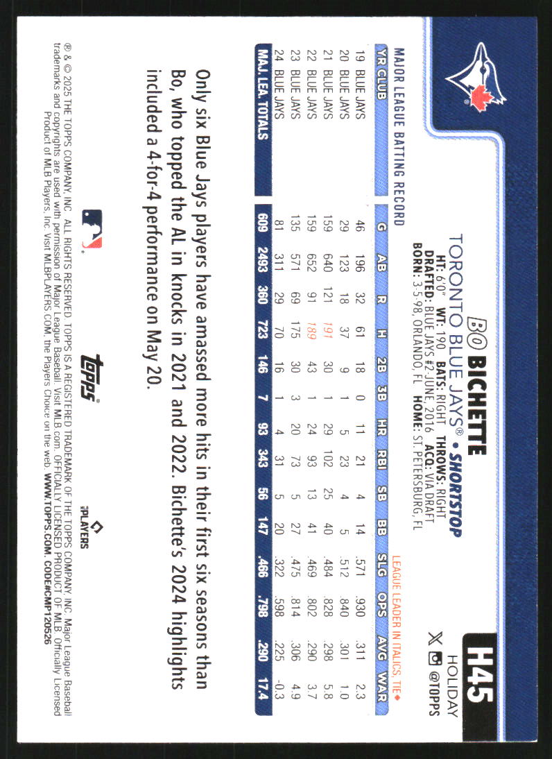 2025 Topps Holiday Green Plaid #H45 Bo Bichette