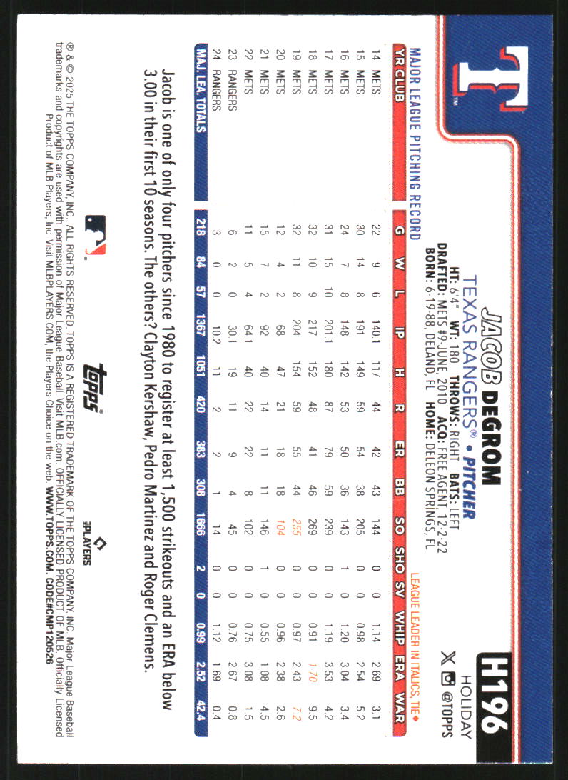 2025 Topps Holiday Green Plaid #H196 Jacob deGrom