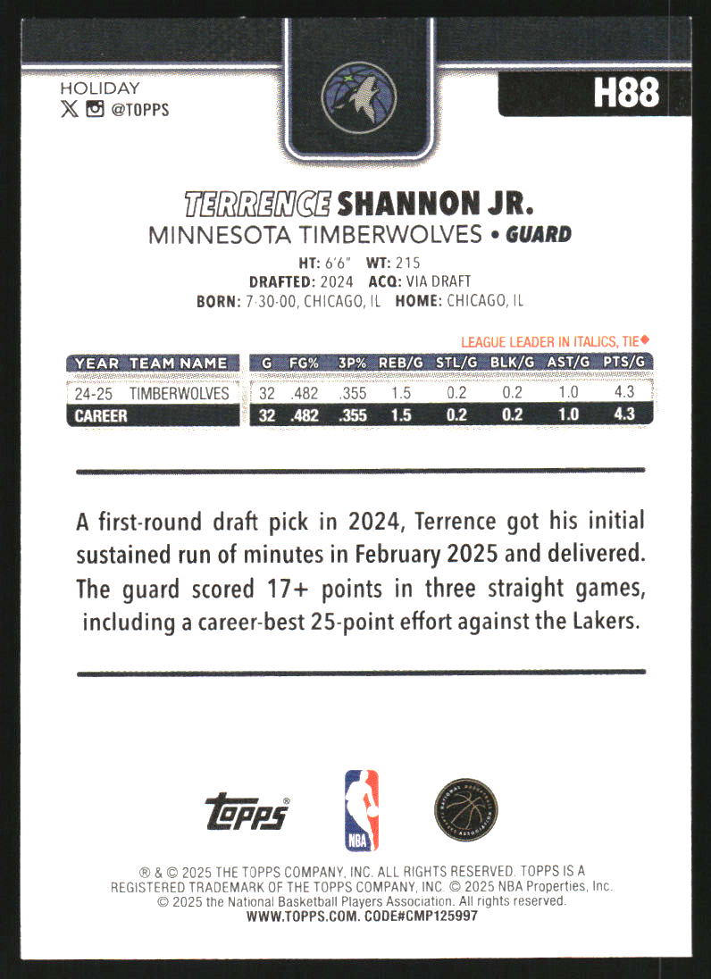 2025-26 Topps Holiday #H88 Terrence Shannon Jr.