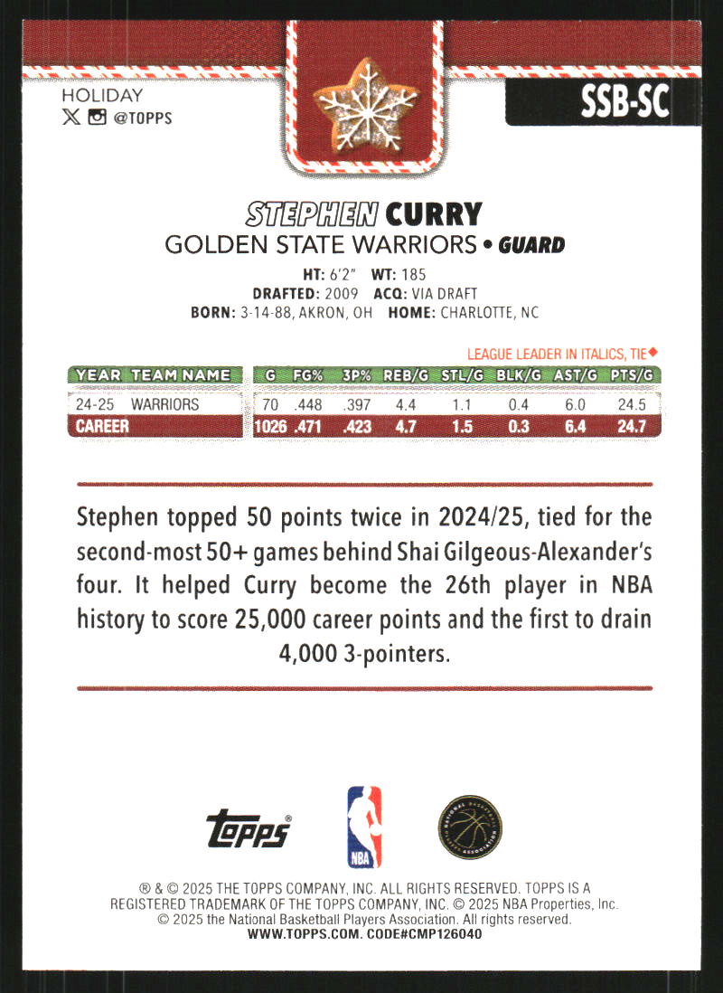 2025-26 Topps Holiday Back Variations #SSBSC Stephen Curry