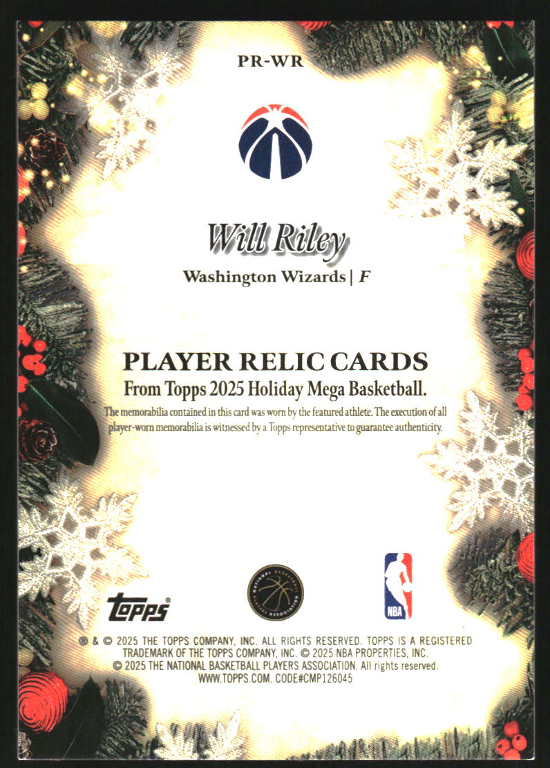 2025-26 Topps Holiday Relics Purple Metallic Glitter #PRWR Will Riley