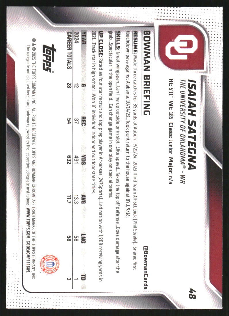 2025 Bowman Chrome University Xfractors #48 Isaiah Sategna