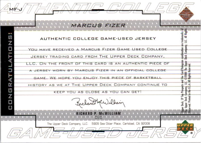 2000 SP Top Prospects Game Jerseys #MFJ Marcus Fizer back image