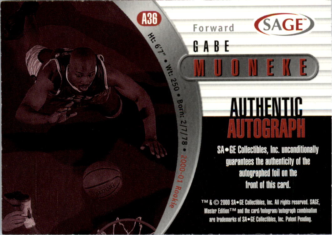 2000 SAGE Autographs Gold #A36 Gabe Muoneke/200 back image