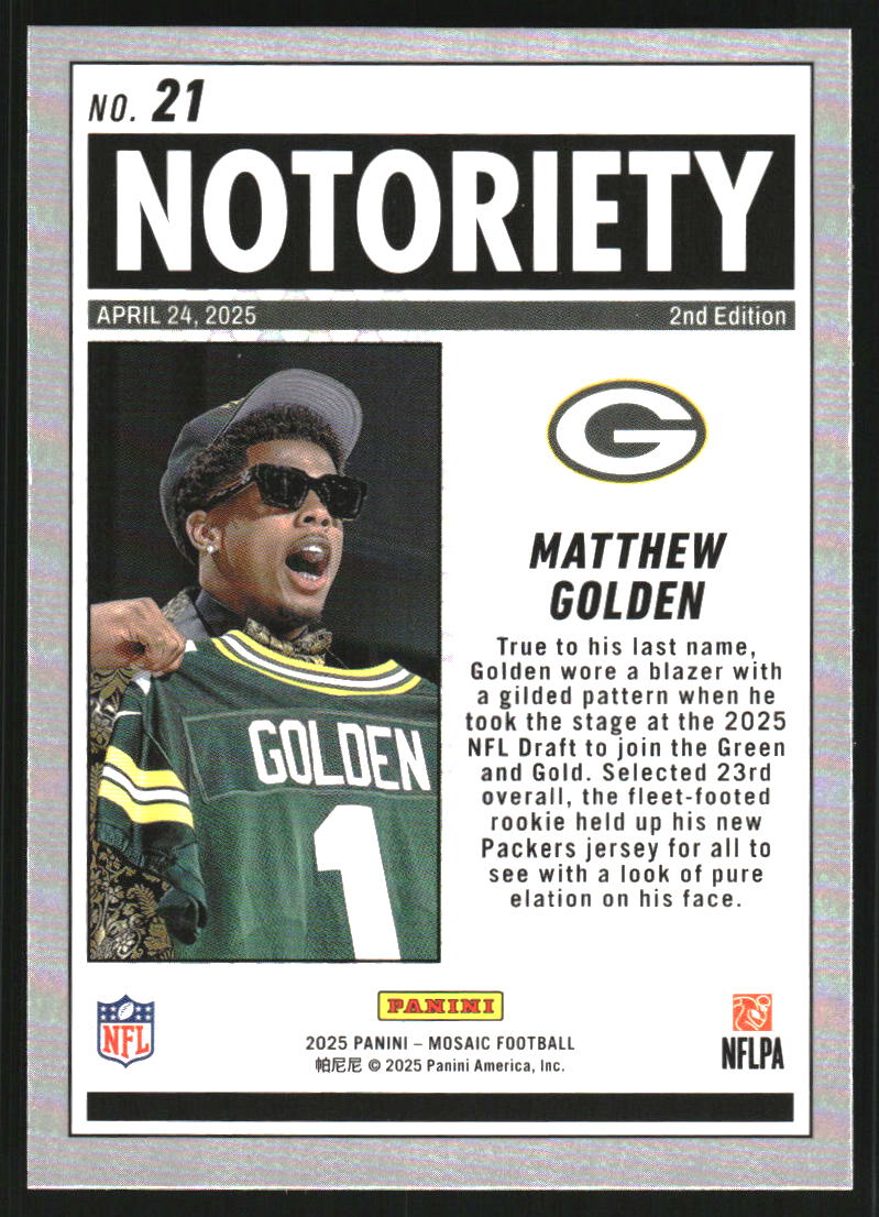 2025 Panini Mosaic Notoriety #21 Matthew Golden