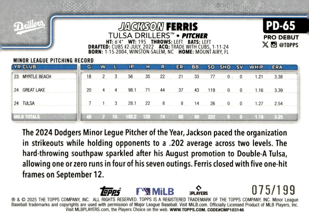 2025 Topps Pro Debut Fuchsia Foil #PD65 Jackson Ferris back image
