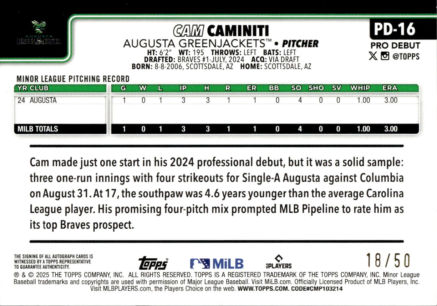 2025 Topps Pro Debut Autographs Gold Foil #PD16 Cam Caminiti back image