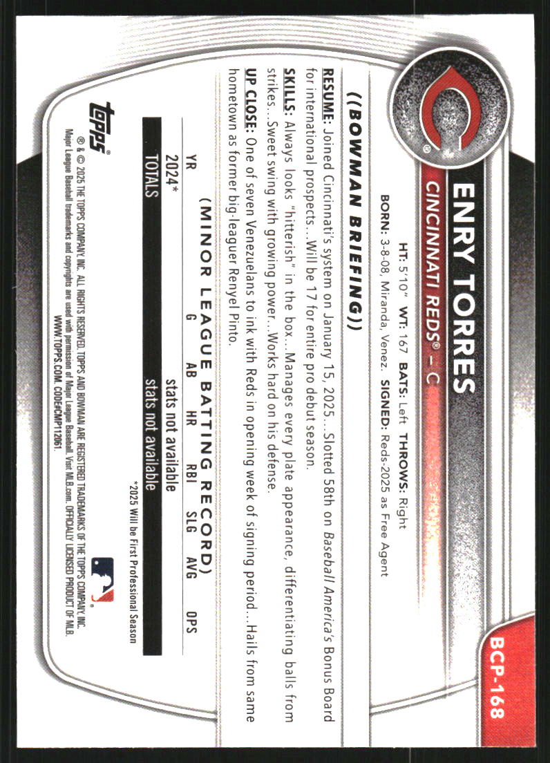 2025 Bowman Chrome Prospects Shimmer Refractors #BCP168 Enry Torres