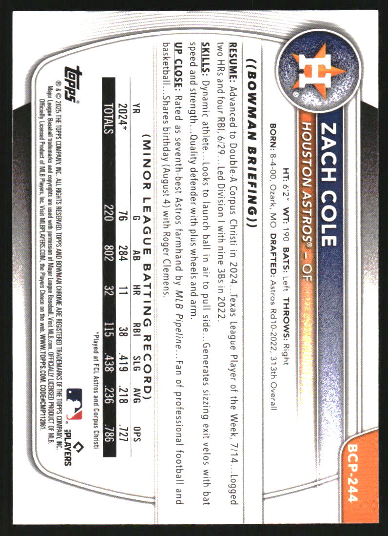 2025 Bowman Chrome Prospects Shimmer Refractors #BCP244 Zach Cole