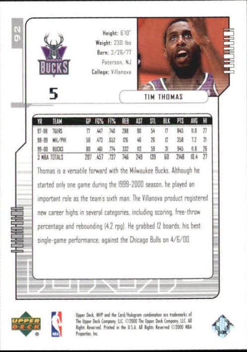2000-01 Upper Deck MVP Super Script #92 Tim Thomas back image