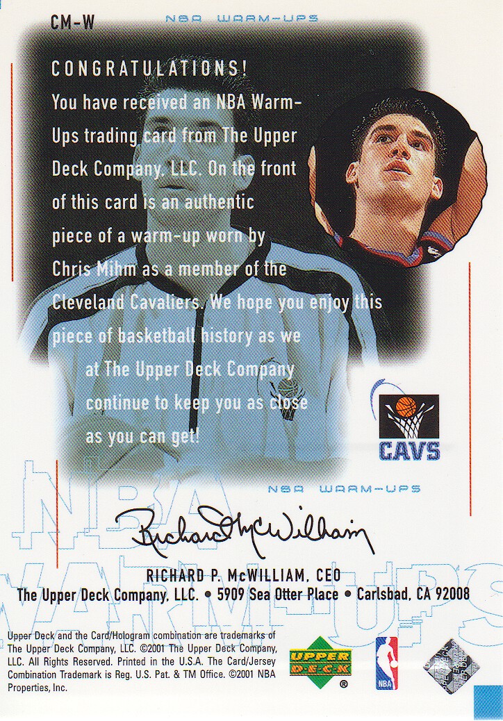 2000-01 Upper Deck Encore NBA Warm-Ups #CMW Chris Mihm back image