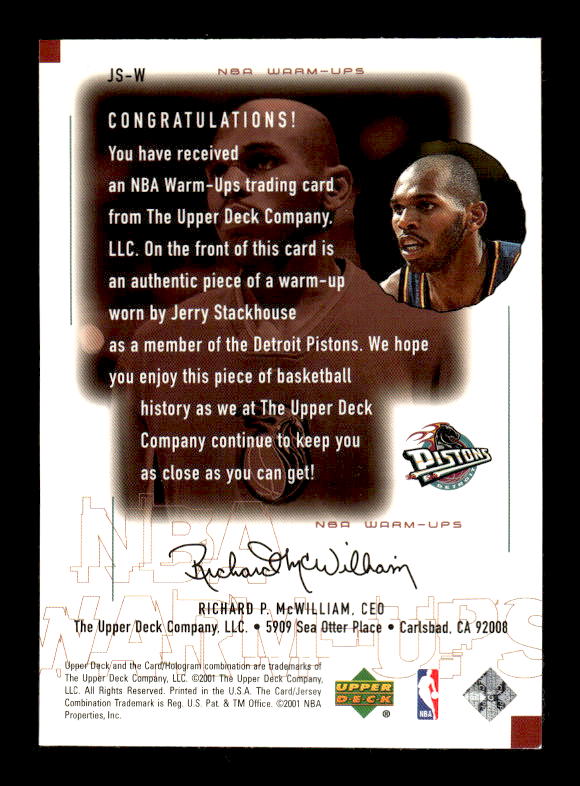 2000-01 Upper Deck Encore NBA Warm-Ups #JSW Jerry Stackhouse back image