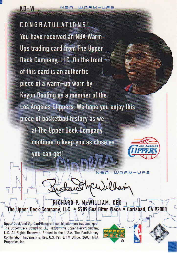 2000-01 Upper Deck Encore NBA Warm-Ups #KDW Keyon Dooling back image