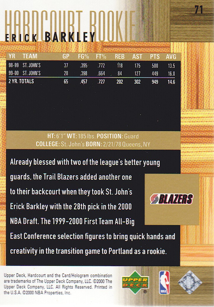 2000-01 Upper Deck Hardcourt #71 Erick Barkley RC back image