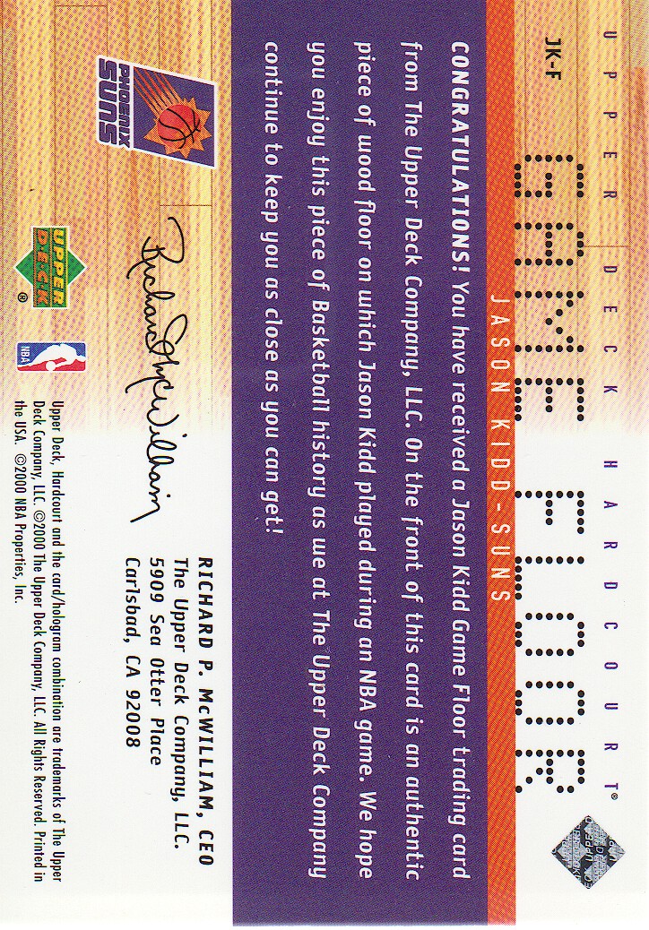 2000-01 Upper Deck Hardcourt Game Floor #JKF Jason Kidd back image