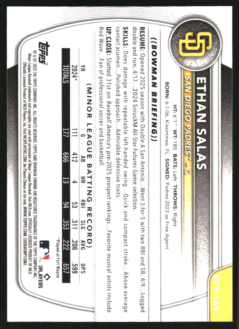 2025 Bowman Chrome Prospects Mini-Diamond Refractors #BCP169 Ethan Salas